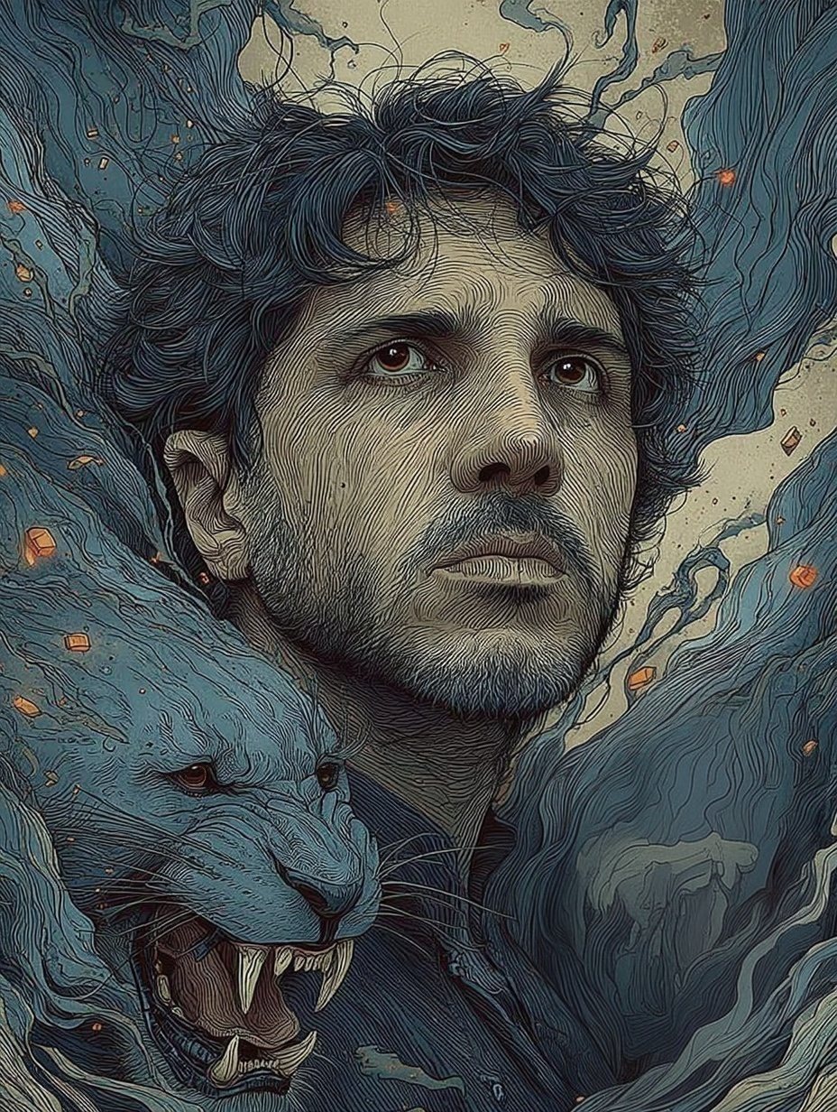 Retrato de Renan Santos com uma onça azul emergindo