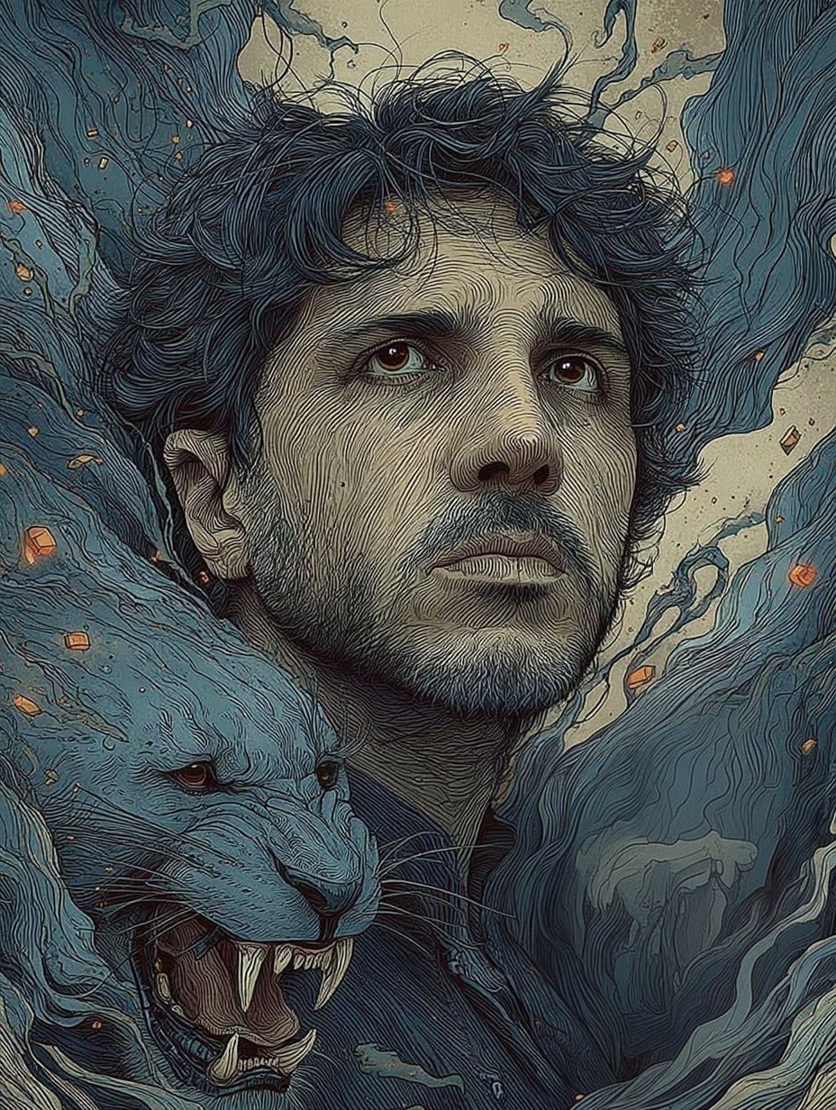 Retrato de Renan Santos com uma onça azul, obra original
